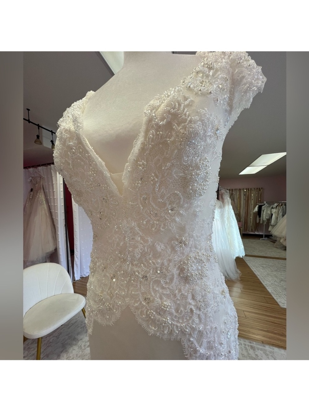 Lazaro Ivory Satin Mermaid Wedding Dress with Beaded Lace Bodice - Picture 15 of 17